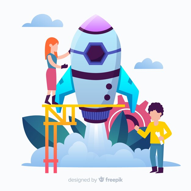 Fondo plano equipo construyendo cohete