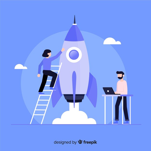 Fondo plano equipo construyendo cohete