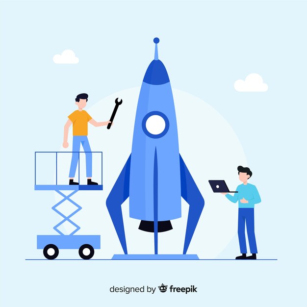 Fondo plano equipo construyendo cohete