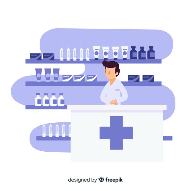 Fondo plano farmacéutico atendiendo clientes 