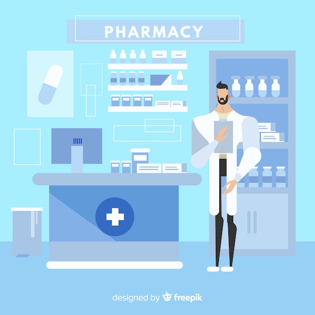 Vector gratuito fondo plano farmacéutico atendiendo clientes