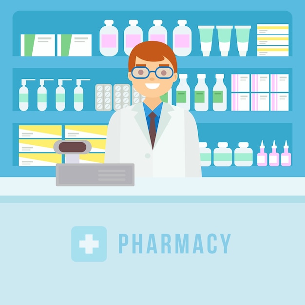 Vector gratuito fondo plano farmacéutico atendiendo clientes