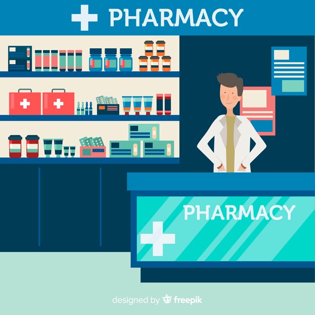 Fondo plano farmacéutico atendiendo clientes 
