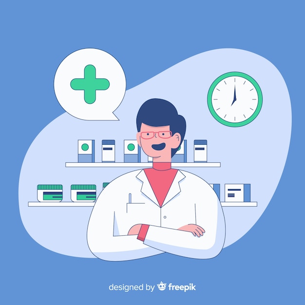 Vector gratuito fondo plano farmacéutico atendiendo clientes