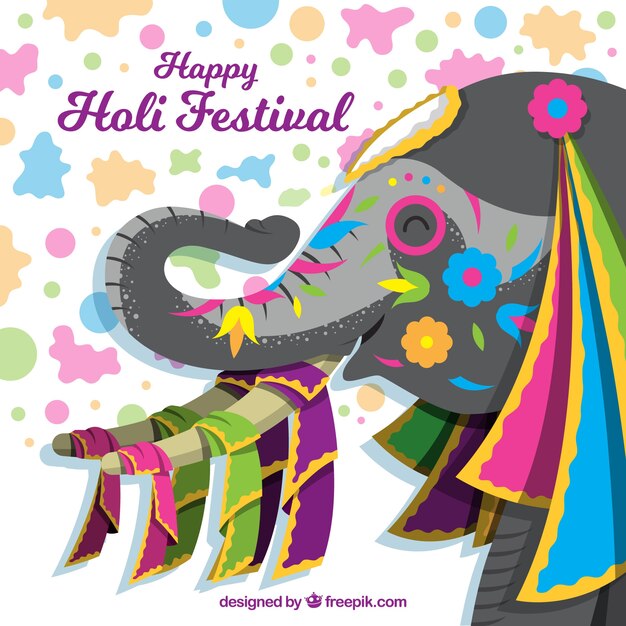 Fondo plano feliz festival holi con un elefante