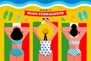 Vector gratuito fondo plano de ferragosto con gente en la playa