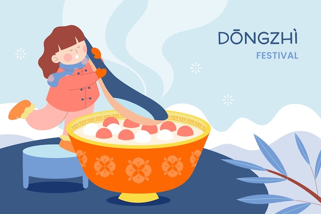 Fondo plano para el festival chino dongzhi con una niña revolviendo en un tazón de tang yuan