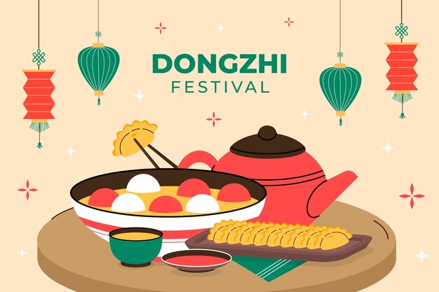 Fondo plano para el festival chino dongzhi con tang yuan y tetera