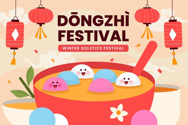 Fondo plano del festival dongzhi con plato de comida y linternas