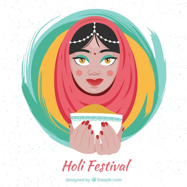 Vector gratuito fondo plano del festival holi con una chica