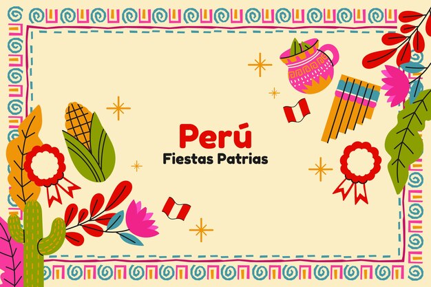 Fondo plano de fiestas patrias con maíz y flauta de pan.