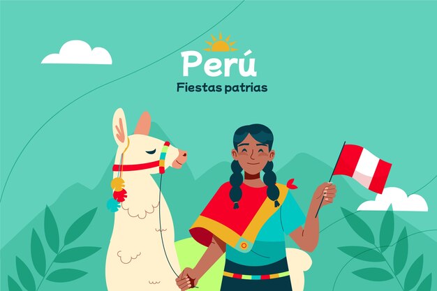 Fondo plano de fiestas patrias con persona y llama