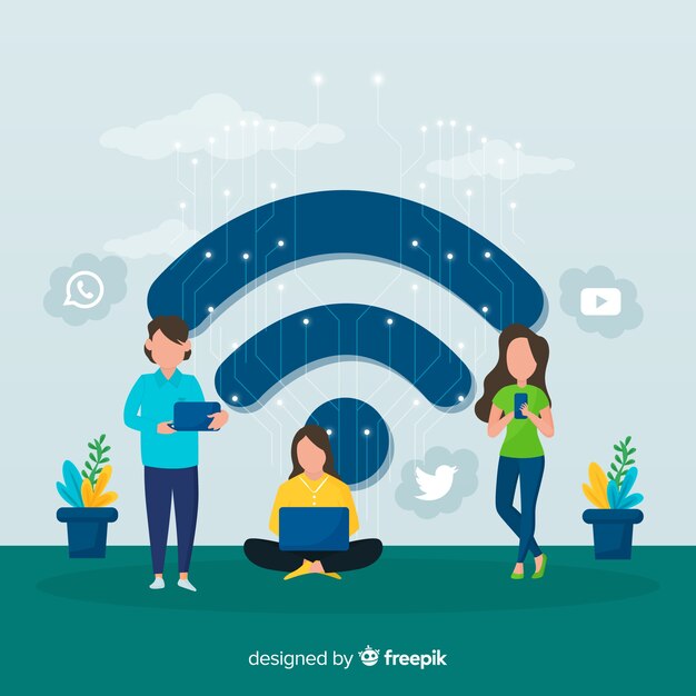 Fondo plano gente con signo de wifi
