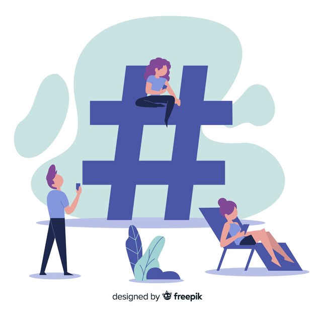Fondo plano gente con símbolo de almohadilla en redes sociales