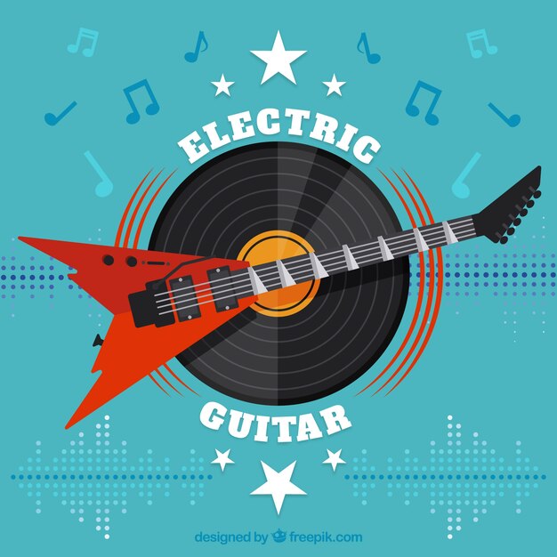 Fondo plano con guitarra eléctica y vinilo