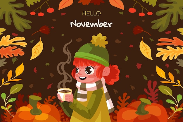 Vector gratuito fondo plano de hola noviembre para el otoño