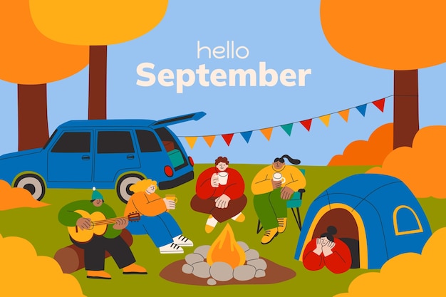 Vector gratuito fondo plano de hola septiembre para la celebración de otoño