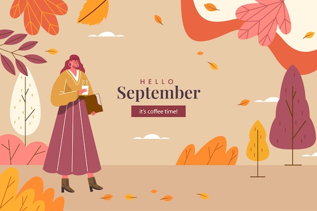 Fondo plano hola septiembre para el otoño