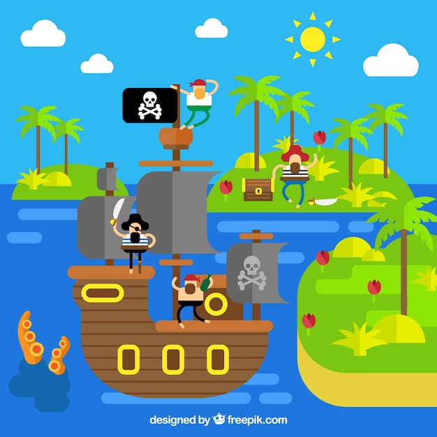 Fondo plano con islas y piratas