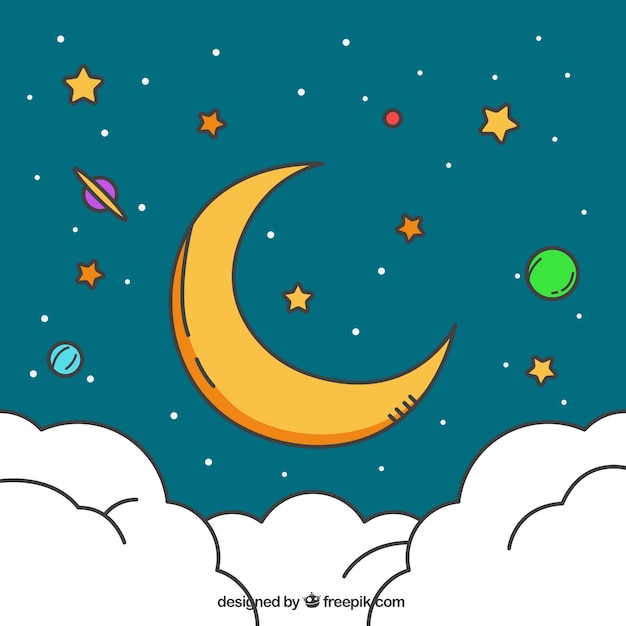 Fondo plano con luna y planetas de colores