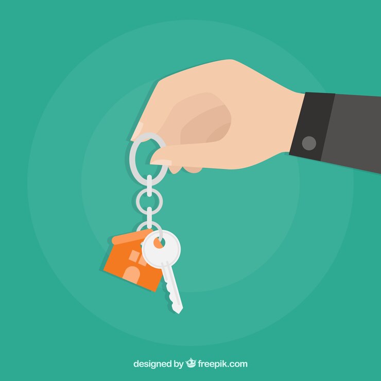 Vector gratuito fondo plano de mano sosteniendo llave de casa
