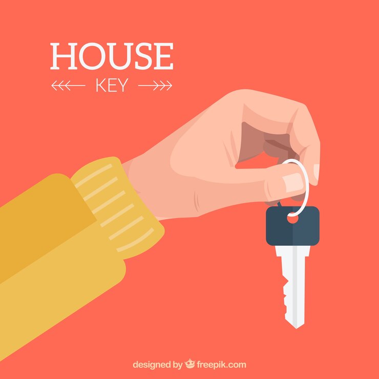Vector gratuito fondo plano de mano sosteniendo llave de casa