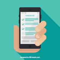 Vector gratuito fondo plano de mano sujetando un móvil con lista de verificación