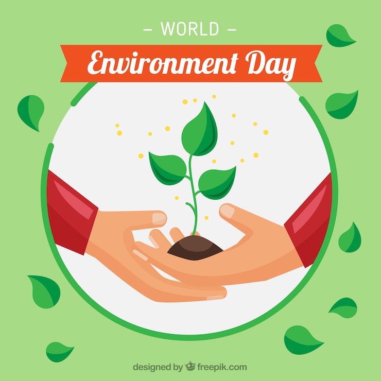 Vector gratuito fondo plano con manos y planta para el día mundial del medioambiente