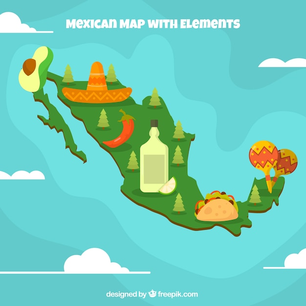 Fondo plano de mapa mexicano con elementos