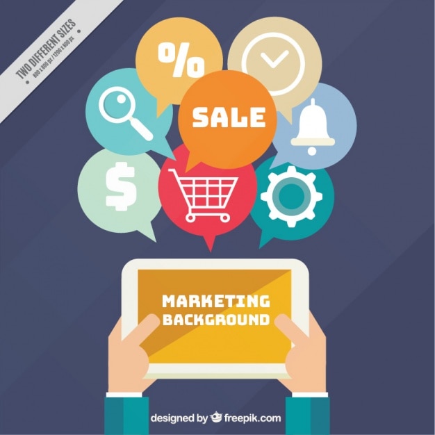 Vector gratuito fondo plano de marketing con tableta e iconos digitales