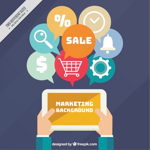 Fondo plano de marketing con tableta e iconos digitales