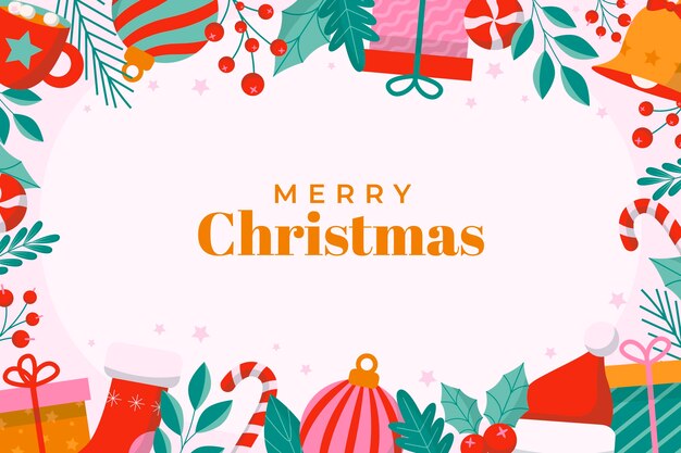 Fondo plano de navidad con adornos y regalos.