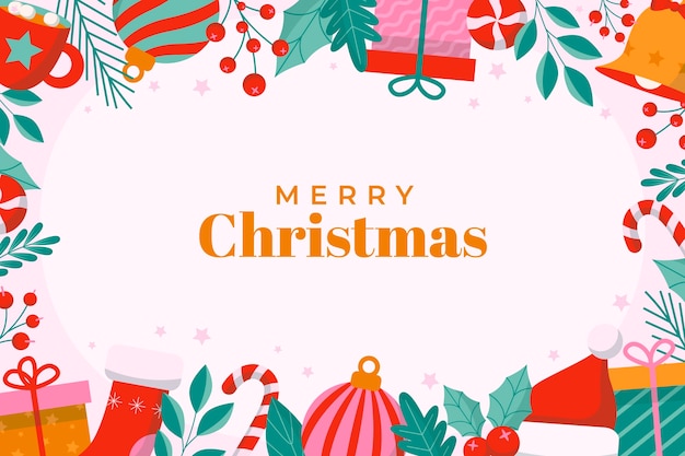 Fondo plano de navidad con adornos y regalos.