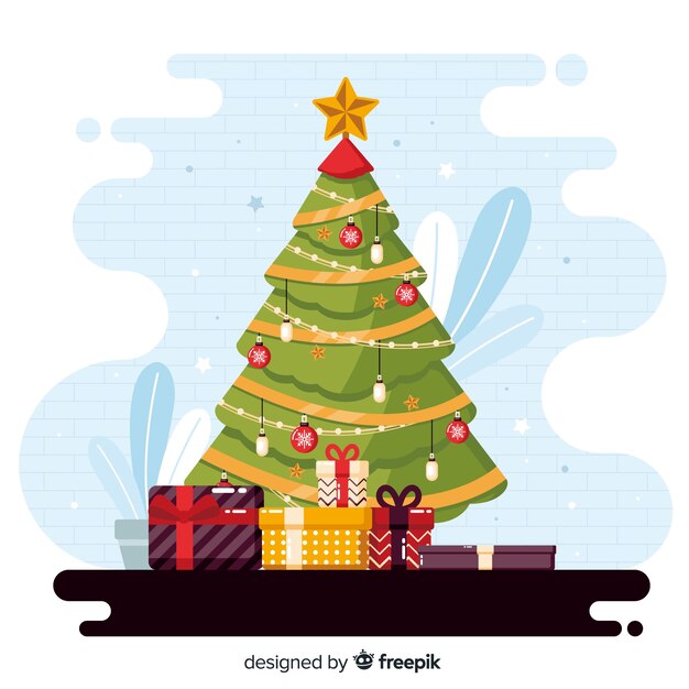 Fondo plano de Navidad con árbol de hoja perenne
