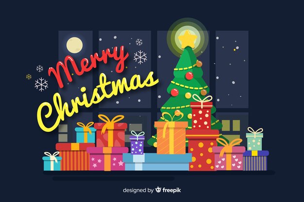 Fondo plano de navidad con árbol y regalos