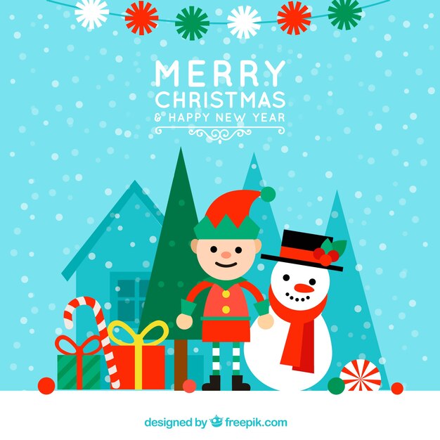 Fondo plano de navidad con un duende y un muñeco de nieve