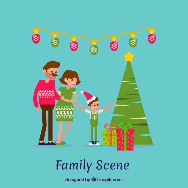 Fondo plano de navidad con una escena familiar