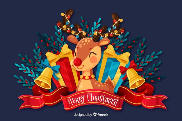 Fondo plano de Navidad y lindo ciervo