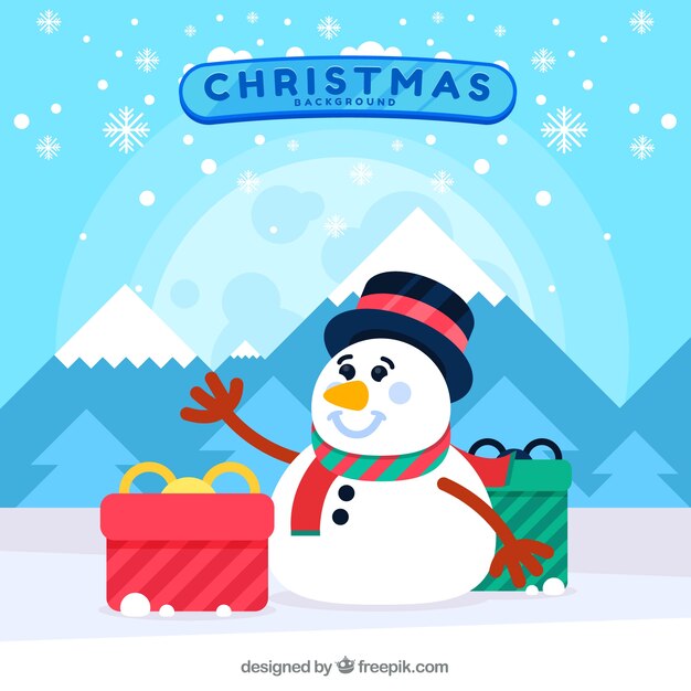 Fondo plano de navidad con muñeco de nieve
