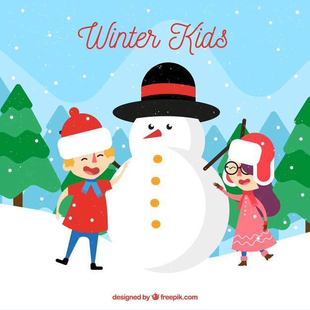 Fondo plano con niños de invierno