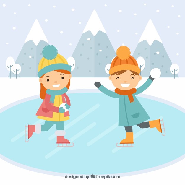 Fondo plano con niños patinando sobre hielo