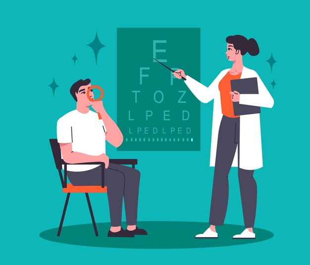 Fondo plano de oftalmólogo con doctora en uniforme de hospital haciendo examen de la vista en la ilustración de vector de gráfico de prueba de ojo