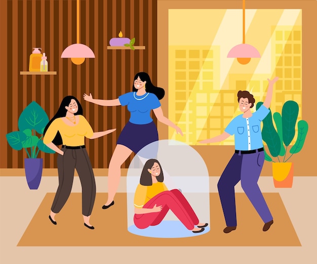 Fondo plano de personas introvertidas y extrovertidas con una chica triste bajo una cúpula de cristal y adolescentes divertidos bailando alrededor de su ilustración vectorial