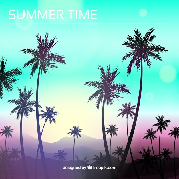 Fondo plano de puesta de sol con palmeras