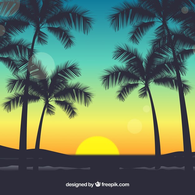 Fondo plano de puesta de sol con palmeras