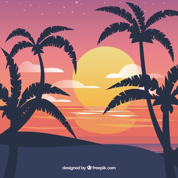 Fondo plano de puesta de sol con palmeras