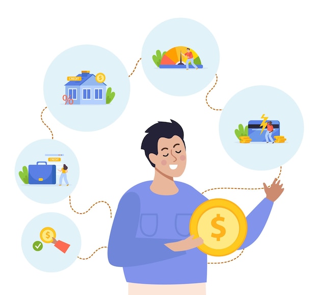 Fondo plano de puntaje de crédito con personaje masculino sosteniendo moneda rodeado de composiciones redondas de iconos financieros ilustración vectorial