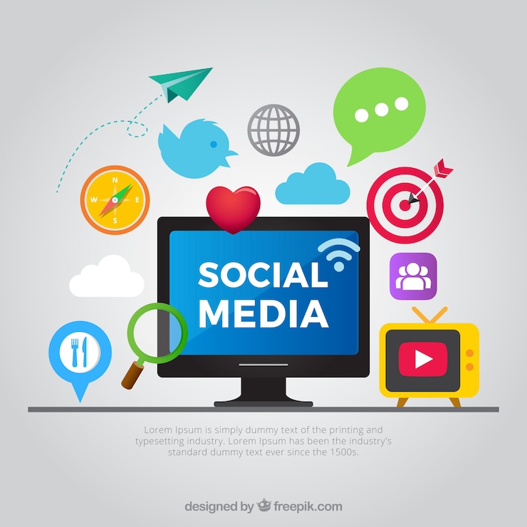 Vector gratuito fondo plano de redes sociales con ordenador