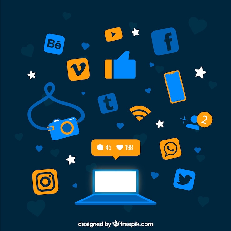 Vector gratuito fondo plano de redes sociales con ordenador
