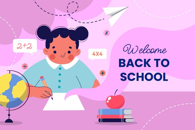 Fondo plano de regreso a la escuela con el aprendizaje de los estudiantes